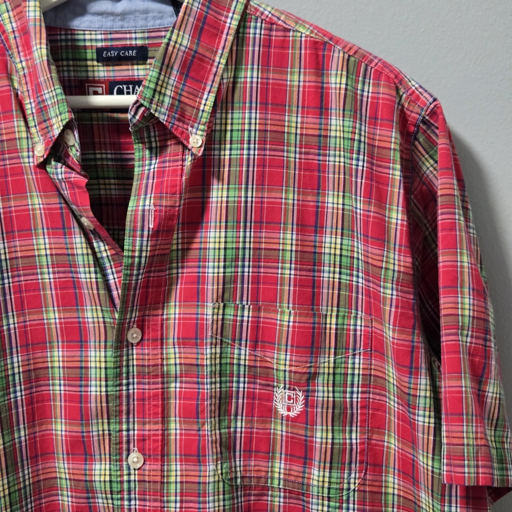 Chaps Mens Red Plaid Short Sleeve Button Down Shirt Size L Easy Care Casual